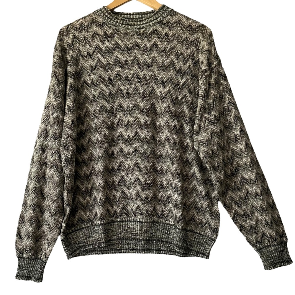 Vintage Made in Italy Zig Zag Sweater Mens XL Cotton Linen Blend Knitwear